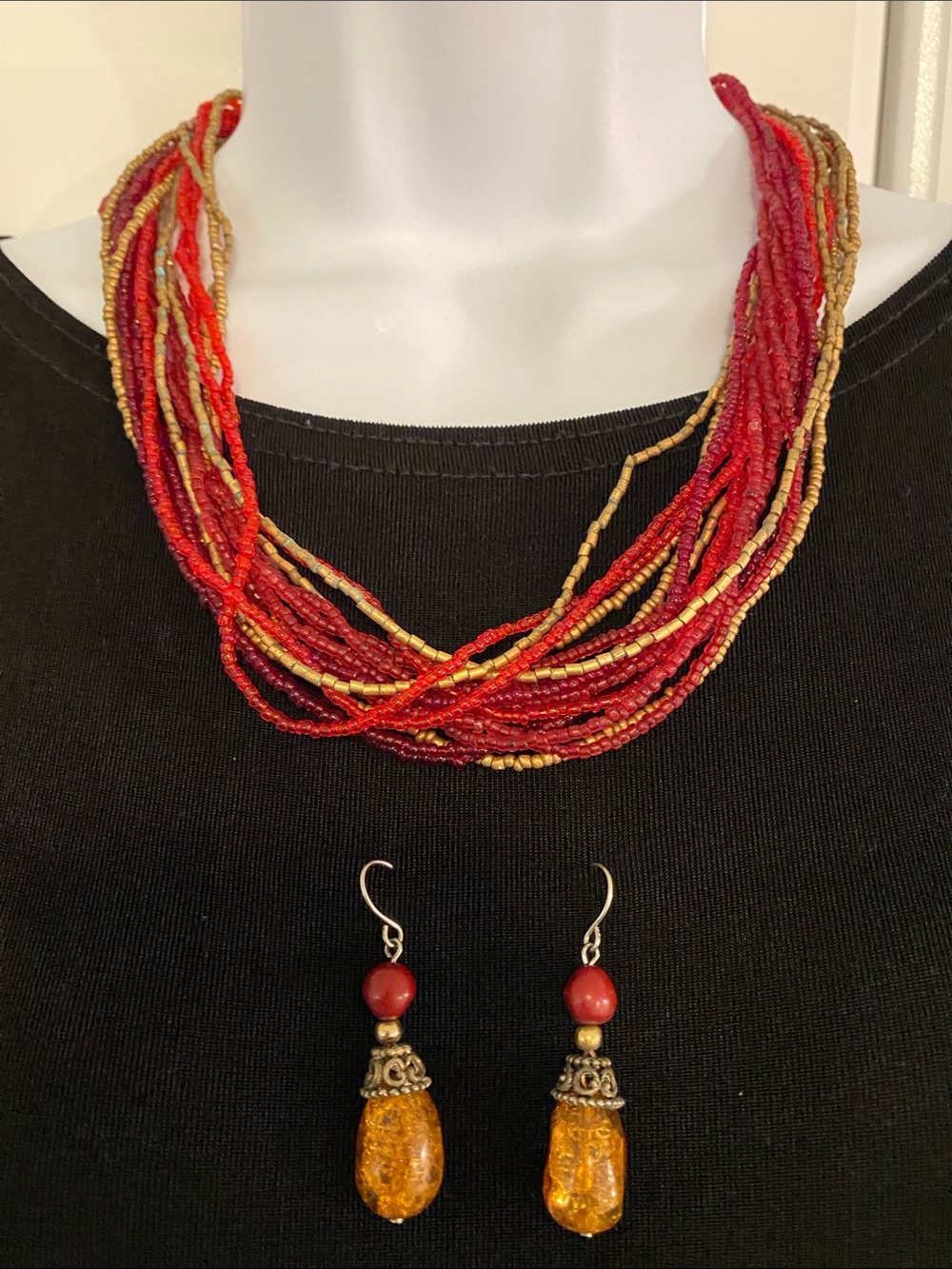 Multi-Strand Red and Gold Beaded Necklace with Coordinating Earrings